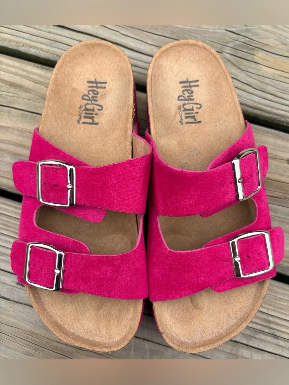 Corkys Hot Pink Double Buckle Suede Slide Sandals - Picture 1 of 5